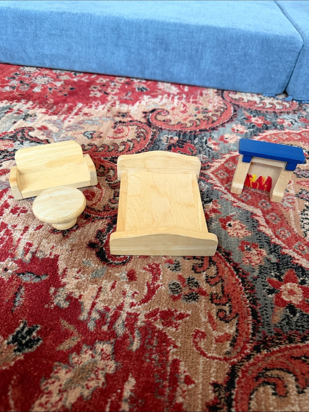Natural Wood Dollhouse Furniture Set with Blue Fireplace Accent